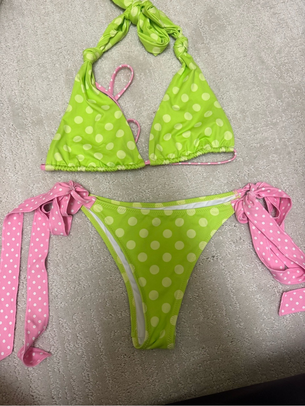 Bright Swimwear Green Polka Dot Bikini with Pink Tie Sides